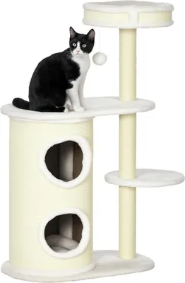 Produktbild von Kratzbaum mit Kratztonne, 1 Katzenbett und Katzenspielzeug, 59 cm x 35 cm x 100 cm, Cremeweiß