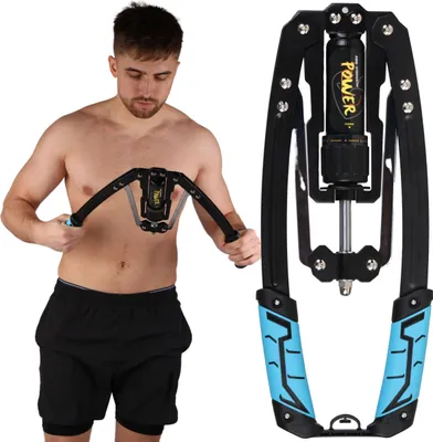 A man is demonstrating the use of a chest expander, with the product also shown separately.