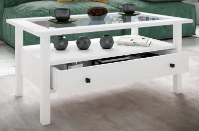 Produktbild von VCM Holz Beistelltisch mit ESG-Sicherheitsglas | Couchtisch schlicht | Maße ca. H. 42 x B. 90 x T. 54 cm | Wohnzimmertisch mit Schublade | Sofatisch - Lingis L