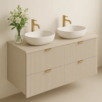 Produktbild von WENA Waschtischunterschrank 120 cm, geriffelte Fronten, Griffe aus Metall in der Farbe Gold (Farbe: Kaschmir)