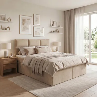 Produktbild von ELVORA DESIGNE Boxspringbett 180x200 cm SMARTCUBE mit Bonellmatratze H3 & Topper, 2 Schubladen, Hellbraun, KI-generiertes Bild