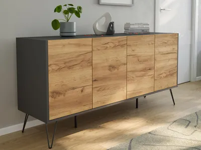 Produktbild von Kommode Maxim 155cm stehend 4 Türen Grafit/Eiche Front : Oak Gold / Grafit Varianten: Oak Gold / Grafit