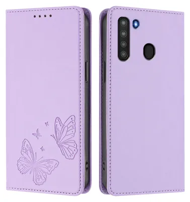 Image de Étui en cuir pour Samsung Galaxy A21, motif papillon en relief, étui portefeuille à rabat avec support, violet clair