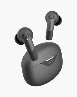 A pair of black wireless earbuds and their charging case are shown against a white background.