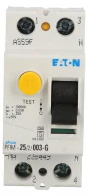 Imagen del producto de Interruptor diferencial de protección contra sobrecorriente, tipo AC/G, modelo PFIM-25/2/003-G-MW, número de serie 235449