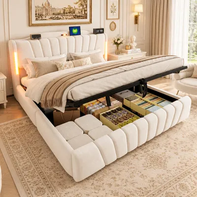 Productafbeelding van Boxspringbed 180x200 cm met hydraulische opbergruimte, smart LED hoofdeinde, USB- en Type-C-aansluitingen, nachtlampje, fluwele bekleding en verhoogd voeteneinde, beige