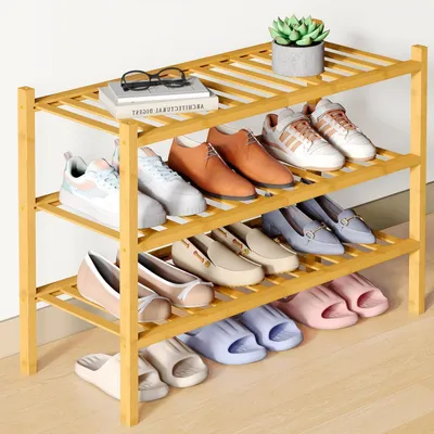 Image de Étagère à chaussures en bambou, 3 niveaux, empilable, extensible, couleur naturelle