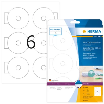 Produktbild von HERMA CD-Etiketten Mini A4 Ø 78 mm weiß Papier matt blickdicht 60 St., Weiß, Selbstklebendes Druckeretikett, A4, Papier, Laser/Inkjet, Permanent