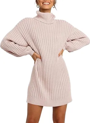 Image de ASKSA Femme Col roulé Robe Pull Unicolore Lanterne Manches Tunique Longue Tricot Hiver, Rose, M