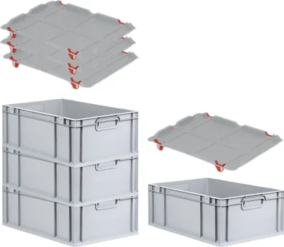 Produktbild von SuperSparSet 4x Eurobox NextGen Economy mit Auflagedeckel und 4x Schiebeschnappverschlüsse Rot | Griffe geschlossen | HxBxT 22x40x60cm | 44 Liter | Eurobehälter, Transportbox, Transportbehälter, Stapelbehälter