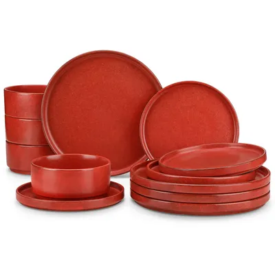 Image de VANCASSO, service de table en faïence 12 pièces, service mixte pour 4 personnes, comprenant des assiettes plates, des assiettes à dessert, un saladier, rouge