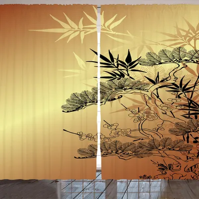 Image de Rideau japonais ARANDE, motifs de branches et de bambous avec illustration naturelle de feuilles remarquables, 280 x 245 cm, noir sépia