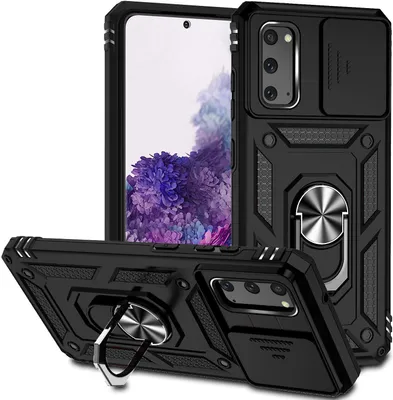 A black phone case with a ring stand and a sliding camera cover is displayed from multiple angles.