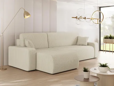 Produktbild von MIRJAN24 Ecksofa Piano L Cord, Wohnzimmer Eckcouch mit Bettkasten und Schlaffunktion, Schwarze Füße, Wellenfeder, L-Form (Farbe: Poso 100)