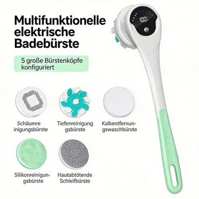 Produktbild von Elektrische Rückenbürste Langstiel – Abnehmbarer Griff, 5 Aufsätze | Für Massage, Peeling, Cellulite