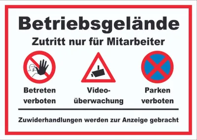 Produktbild von Schild Betriebsgelände Mitarbeiter Betreten Video Parken A1 (594x841mm)