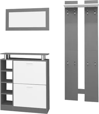 Produktbild von Wandgarderoben-Set 80x25x96.5 cm Grau mit Spiegel 2 Wandpaneelen Regalwand Schuhschrank anthrazitgrau matt Flurmoebel Schuhwechsler-Set
