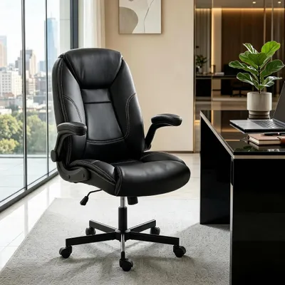 Produktbild von Ergonomischer Bürostuhl, Schreibtischsessel, hochklappbare Armlehnen, neigbar, Schwarz, KI-generiertes Bild