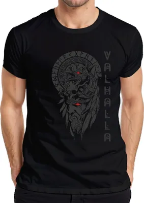 Produktbild von Valhalla Wikinger Totenkopf Nordisch Runenkranz Odin Raben Rot Herren T-Shirt, Schwarz, 3XL