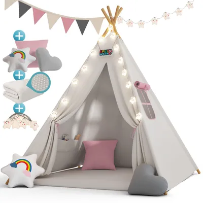Immagine prodotto di Spielwerk® Tenda da Gioco per Bambini in Cotone 130x130x160cm Tappetino con 3 Cuscini Borsa per il Trasporto Capanna Giocattolo
