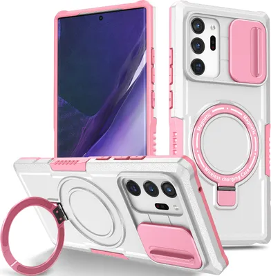 Produktbild von Handyhülle für Samsung Galaxy Note 20 Ultra 5G Kompatibel mit MagSafe, Robuste Hülle mit Schiebe Kamera Schutz, Magnetischer Ringständer Weiß Pink