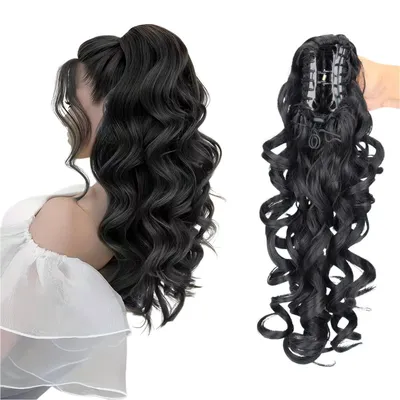 Produktbild von 40 cm Pferdeschwanz Haarteil Ponytail Extension Lange Gewellte Lockige mit Klammer, Schwarz