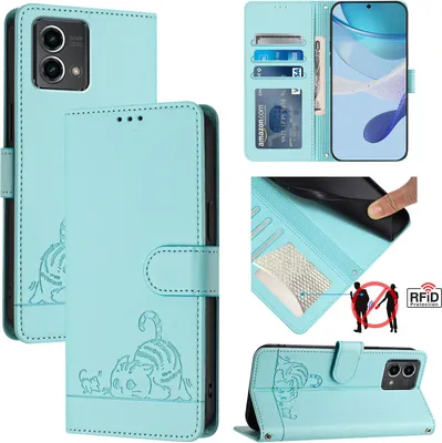 Produktbild von Leder Hülle für Motorola Moto G Stylus 5G (2024) Süße Katze Flip Case Brieftasche Schutzhülle mit Standfunktion hellgrün