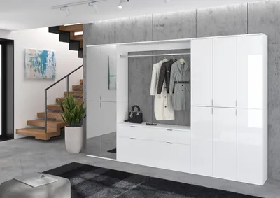 Produktbild von Projekt X Kompaktgarderobe mit Spiegelschrank, 273 x 193 cm, Weiß / Weiß Hochglanz