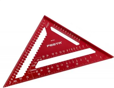 A red carpenter's square with markings and brand name.