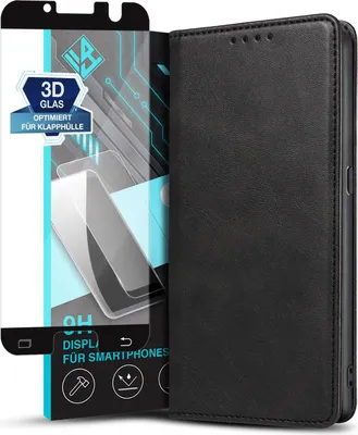Produktbild von Handyhülle für Samsung Galaxy S7 mit 9H Displayglas Kunstleder Flip Cover Hülle Handytasche Case Kartenfach Farbe: Schwarz