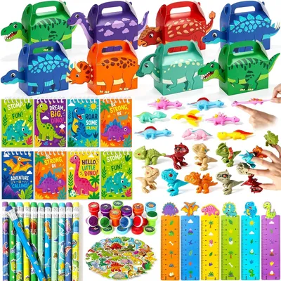 Productafbeelding van Dino-cadeautjes voor kinderverjaardag - Set van 106 - Set voor 8 kinderen - Dinosaurus - Linialen - Notitieboeken