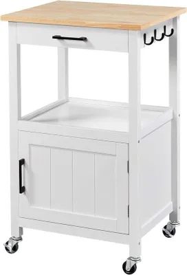 Immagine prodotto di Carrello da cucina con cassetto e 3 ganci, piano di lavoro in legno, stile rustico, bianco, carrello mobile, isola per la cucina