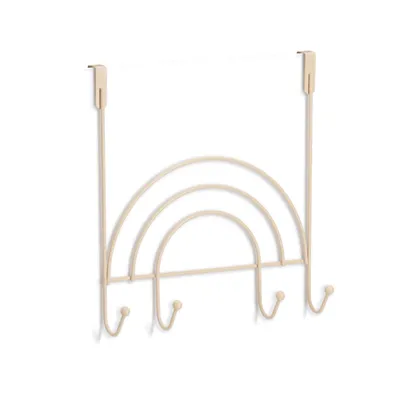 A beige metal over-the-door hook rack shaped like a rainbow with three hooks.