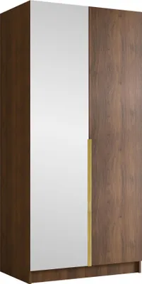 Produktbild von MIRJAN24 Kleiderschrank Bono II, Schlafzimmer, mit Spiegel, Drehtürenschrank, mit Kleiderstange, Modern, Garderobenschrank, Metallgriffe (Farbe: Nuss Warmia + Gold)