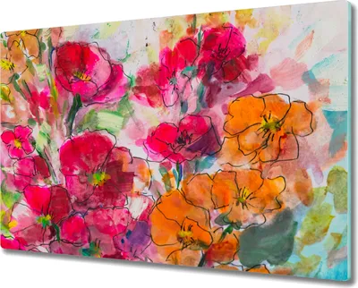 Produktbild von Coloray Herdabdeckplatte 80x52 cm Schneidebrett Kochplattenabdeckung Küchenbrett Hackbrett - Aquarellblumen