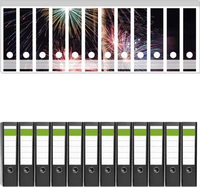 Produktbild von Wallario 12 Stück breite Ordner inkl. Klebeetiketten mit Motive Feuerwerk bei Nacht -  Set mit Rückenschildern / Ordnerrücken Stickern