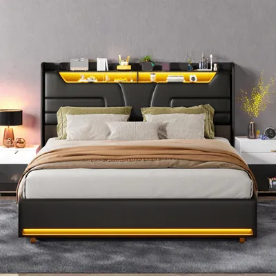 Obrázek produktu pro Čalouněná postel ProximaX 160x200 cm s USB a zásuvkami, postel pro mládež, hydraulická postel s úložným prostorem, postel s úložným prostorem, postel z masivu s LED/typem C a lamelovým roštem, PU, černá