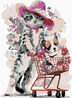Produktbild von Zuty - Malen nach Zahlen - KÄTZCHEN UND HUND IM EINKAUFSKÖRBCHEN, 40x50 cm, ohne Keilrahmen