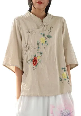 Produktbild von Damenbluse mit Stehkragen und Knopfleiste in Khaki
