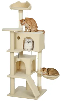 Productafbeelding van Krabpaal 140 cm met hangmat, ladder, grot, 2 pluche ballen, sisalpalen, 48 ??x 48 x 140 cm, beige