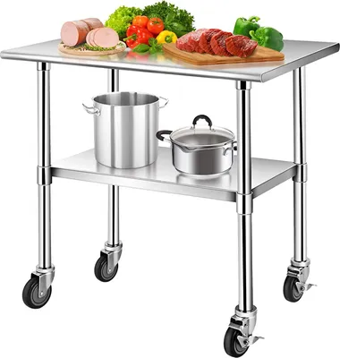 Produktbild von Mobile Edelstahl Arbeitstisch, Gastro Tisch Werkbank mit höhenverstellbarer Ablagefläche, Edelstahltisch Küchentisch mit Rollen Bremse für Küche Restaurant