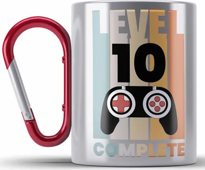 Produktbild von Trendation - 10. Geburtstag Jungen Jungs Edelstahl Tasse Karabiner 10er Gamer Kinder 10. Level Zocker Geschenkidee (Rot)