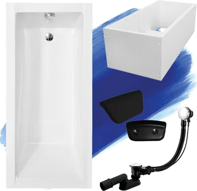 Image de Baignoire rectangulaire Set 5in1 130x70 avec vidage Premium et pieds S + support de baignoire + appui-tête en noir | BADLAND MODERNE