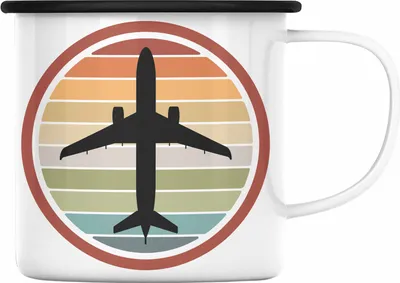 Produktbild von Trendation - Pilot Geschenk Emaille Tasse Flugzeug Fliegen Geschenkidee Piloten Emaille Emaille Tasse Flugzeug Grafik (Schwarz)