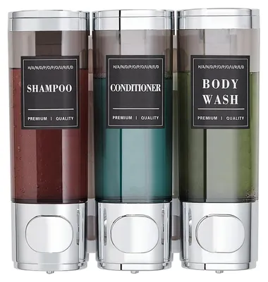Produktbild von Wandmontierter Seifenspender – Shampoo- und Duschgelspender für Bad, Küche und Hotel. Bohrfrei, auslaufsicher, abschließbar, großes Fassungsvermögen (3 x 300 ml, silber).