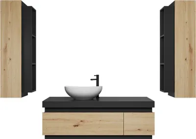 A modern bathroom vanity with a sink and faucet, flanked by two tall cabinets.