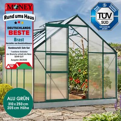 Produktbild von BRAST Gewächshaus Aluminium mit Fundament | 310x250x205cm | 6mm Hohlkammerplatten | rostfrei wetterfest temperaturbeständig | Grün