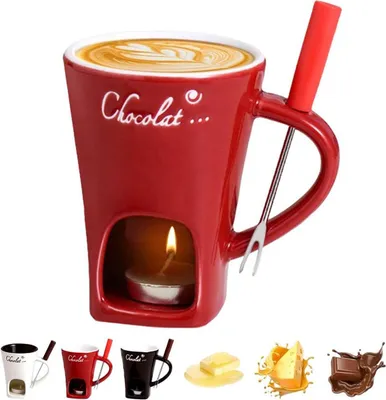 A red ceramic fondue mug with a lit candle underneath, filled with coffee or hot chocolate, and a fondue fork resting on the handle. Several smaller mugs in different colors and food items like butter, cheese, and chocolate are displayed at the bottom.