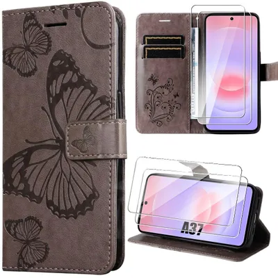 Image de Coque + 2 Verres Trempés pour Samsung Galaxy A37 5G, Anti-Rayures Synthécuir Marron Motif Papillon