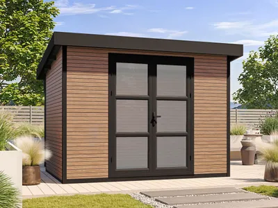 Produktbild von WPC Gartenhaus Modell FineLine 8,4 m² Teak